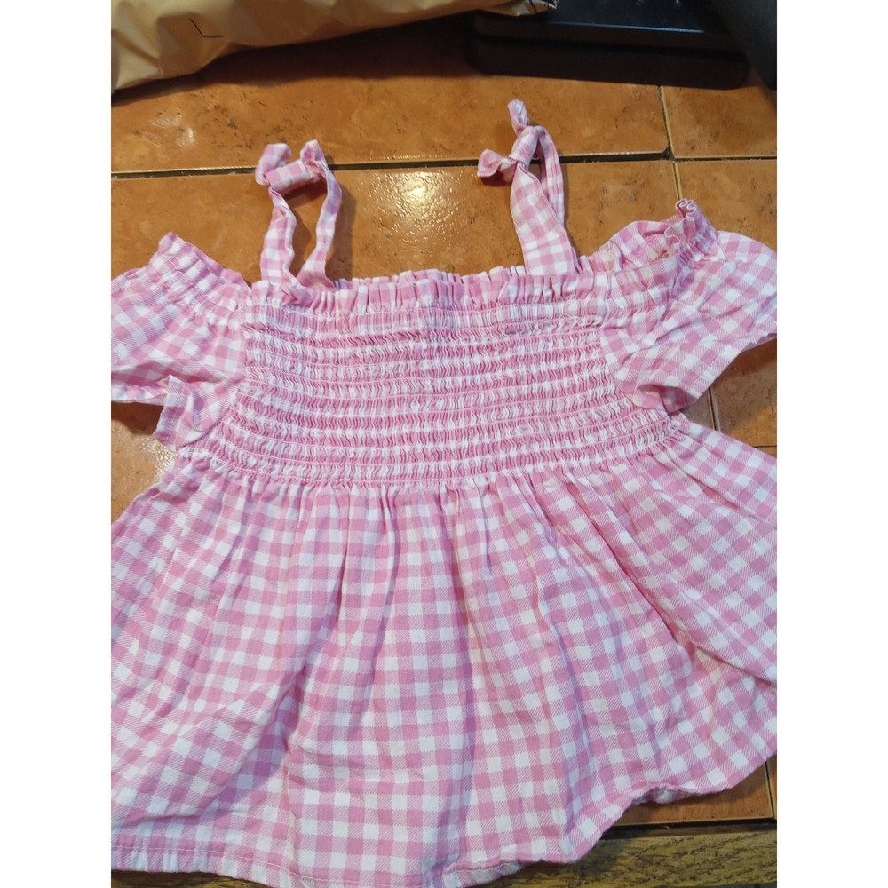 Tommy Bahama Girls Pink Gingham Smocked Cold Shoulder Tie Strap Top Size 4 XS